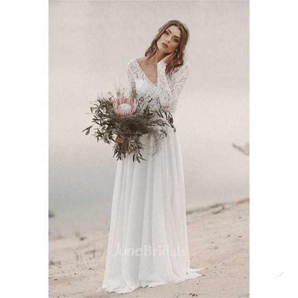 👰🏻♀️Boho V-neck A-line Long Sleeve Lace V-Back Wedding Dress👰🏻♀️NWT~4 - Picture 4 of 16